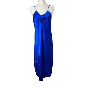 Ms B Blue Bow Satin Feel Petite Thin Strap Vintage Nightgown Floor Length Small